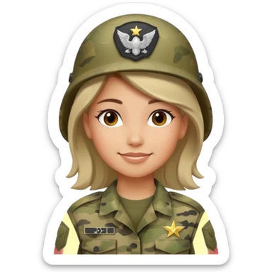 Female soldier emoji in Apple style, no cap/helmet, bust portrait, gentle smile, generic camo, hair visible, soft gradients, transparent PNG sticker