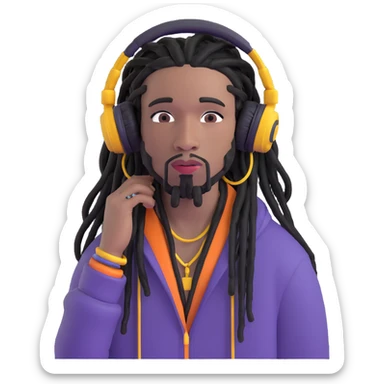 modern rapper with black dreadlocks, headphones around neck, expressive face, graffiti background sticker