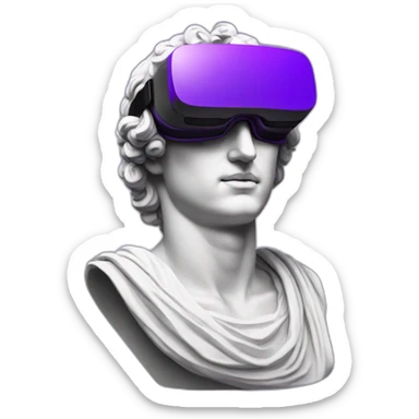 an EMOJI OF A ancient young greek statue, wearing VR headset, purple colors, DIGITAL UNIVERSE sticker