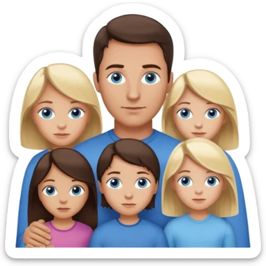 Family portrait with father with dark brown hair and blue eyes, mother with light brown hair and blue eyes, three blonde little girls with blue eyes sticker