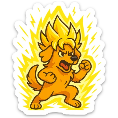cartoon golden retriever going super saiyan, glowing hair, energy aura, dynamic pose, intense yellow energy sticker