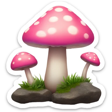 Pink little smiley mushroom with long stem growing between two round rocks sticker