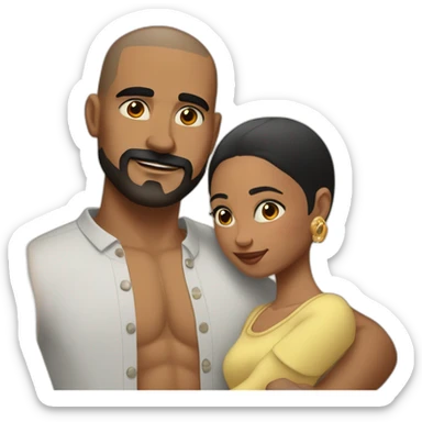 Shaved hair latino man with skin fade, detailed moustache and beard, cuddling a black woman with straight black hair and big earrings sticker