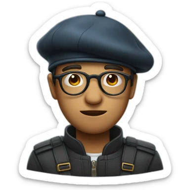 face with no emotion, glasses and backwards beret sticker