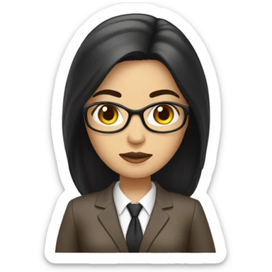 Female defense attorney with long black hair with brown suit sticker