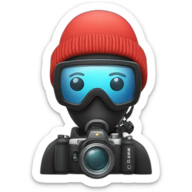 scuba diver, wearing a read beanie and with a camera sticker