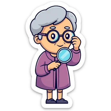 grandmother character holding a magnifying glass sticker