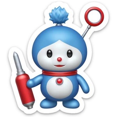 Red mad doraemon plush holding a nuke button sticker