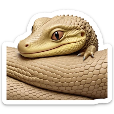Meme-Worthy cute Sleeping Monitor Lizard Portrait Emoji, Head resting peacefully with a contented smile, showcasing intricately patterned scales and eyes gently closed in serene slumber, Simplified yet comically adorable features, highly detailed, glowing with a soft, drowsy earthy light, high shine, relaxed and utterly lovable, stylized with an air of playful laziness, bright and heartwarming, soft glowing outline, capturing the essence of a sleeping reptilian guardian that feels destined to become the next viral icon of adorable rest! sticker