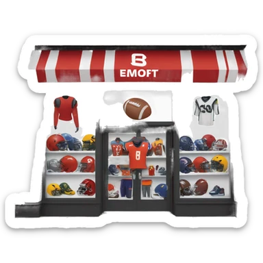 “Football store exterior with bold signage, large windows showcasing football gear, jerseys, and accessories, and a dynamic, athletic design reflecting the energy of the sport.” sticker