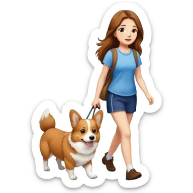 A girl with long brown hair walking a corgi sticker