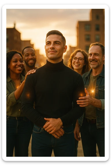 A cinematic scene of a man in his early 30s standing at the center of a sunlit urban rooftop during golden hour, surrounded by a diverse group of supportive, smiling people — friends, mentors, colleagues. They’re standing slightly behind or beside him, hands on his shoulder or gesturing toward him with encouragement. The man looks forward with a confident, inspired expression, body slightly relaxed, as if something inside di lui sta cambiando. The light behind the group forms a halo effect, emphasizing warmth and unity. Subtle visual symbolism: faint glow around their hands and hearts, suggesting their energy is uplifting him. Realistic clothing, modern style — jeans, T-shirts, casual jackets. The mood is inspiring, grounded, and full of potential. Shot in 35mm film style, with rich warm tones, shallow depth of field, and vibrant human detail. sticker