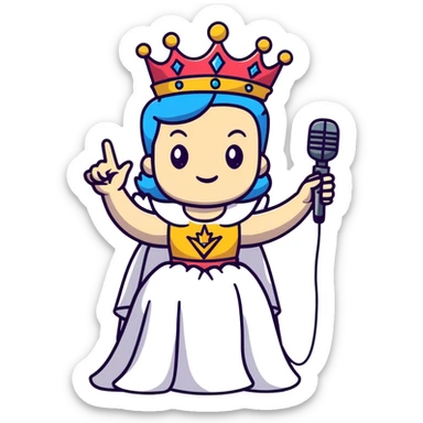 rock and roll queen with crown, microphone, rock star pose, energetic sticker