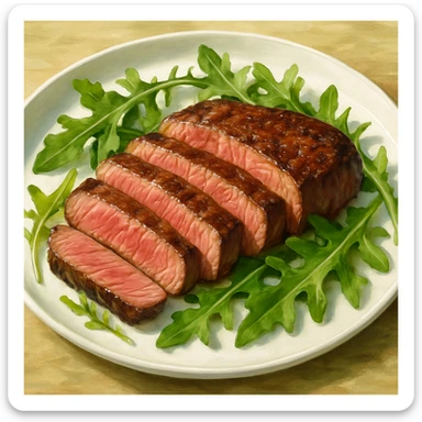 sliced beef steak on a plate with fresh arugula, appetizing, food illustration sticker