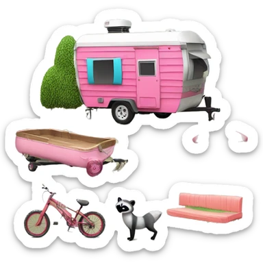 **Create a playful "Trailer Trash" emoji featuring a cartoon mobile home, a lawn flamingo, and a cheeky raccoon. It should have a vibrant color palette and a humorous expression, embodying carefree, rustic living.** sticker