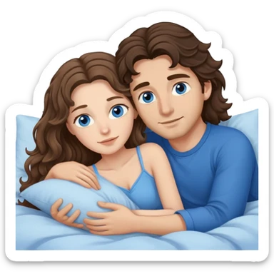 Man with dark brown wavy hair with brown eyes and one woman with long dark blond wavy hair with blue eyes in bed cuddling  sticker