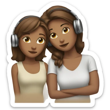 woman with brown, short hair wearing wired headphones sitting next to a woman with long brown hair resting her head on the other woman’s shoulder sticker