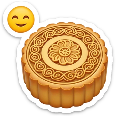 Mid-Autumn Festival mooncake with decorative pattern on top, simplified emoji style with bold outlines and bright colors, cartoon style round pastry with filling sticker