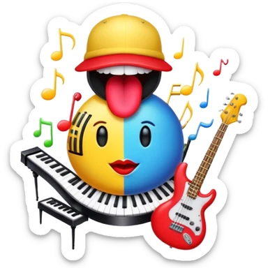 Create a vibrant and creative emoji that represents beatboxing. The design should feature a microphone with a cap placed on top, with oversized lips peeking out from under the cap. From the lips, bass clefs should be flying out, along with a variety of musical instruments (like a drum, electric guitar, and piano keys) to symbolize the blend of rhythm and creativity in beatboxing. Use bold, energetic colors like neon red, yellow, and blue to capture the lively and street-savvy essence of beatboxing. The background should be transparent. sticker
