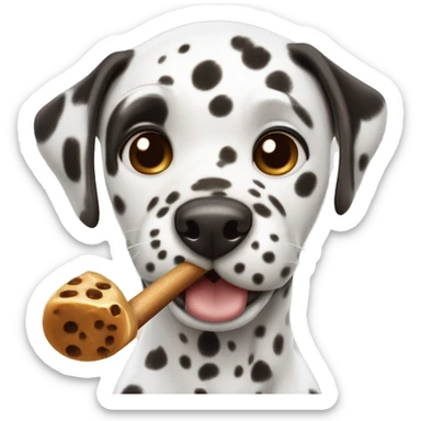 A Dalmatian with brown spots holds a caramel cane in his teeth sticker
