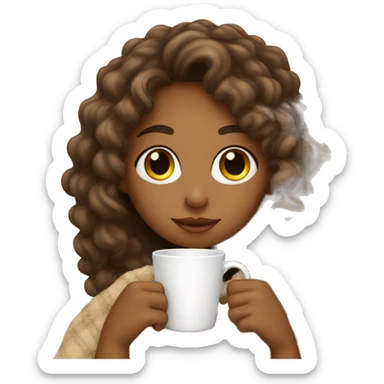 tan girl with long curly hair sipping coffee with blanket sticker
