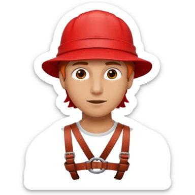 Wearing a Red leather chest harness and red leather cap hat sticker