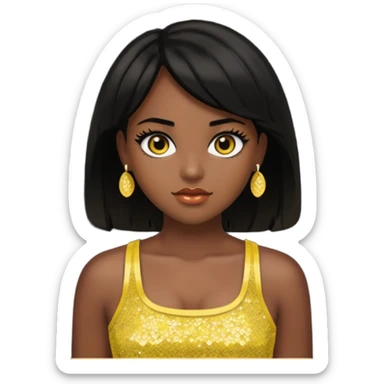 Christie from Barbie & Friends with brown eyes, black hair, yellow sequin crop top, dark skin sticker