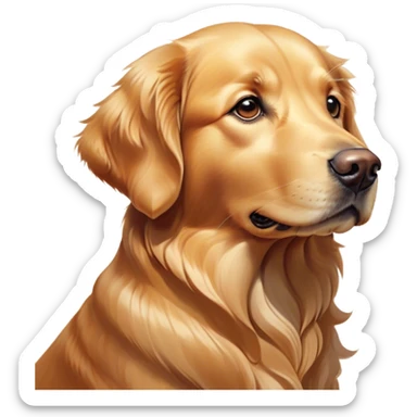 Cinematic Noble Golden Retriever Portrait Emoji, Poised and regal, with a strong, athletic build and a lustrous, well-groomed golden coat, deep-set soulful brown eyes, Simplified yet sharp and sophisticated features, highly detailed, glowing with a soft, dignified glow, high shine, intelligent and friendly, stylized with an air of warmth, focused and attentive, soft glowing outline, capturing the essence of a watchful and confident companion, so majestic it feels as though it could bound out of the screen with effortless authority! sticker