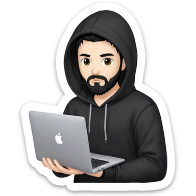 hackeur blanc cheveux noir barbe et capuche noir avec un macbook sticker