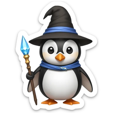A penguin wizard with a pointy hat and a magic wand sticker