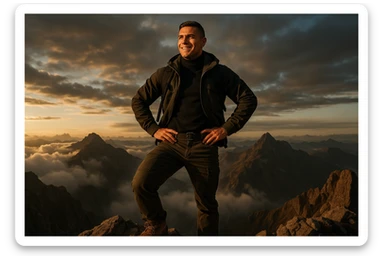 uomo che arriva in cima alla vetta accogliendo le sfide della vita e le supera senza paura, iperrealistica cinematografica 4k sticker