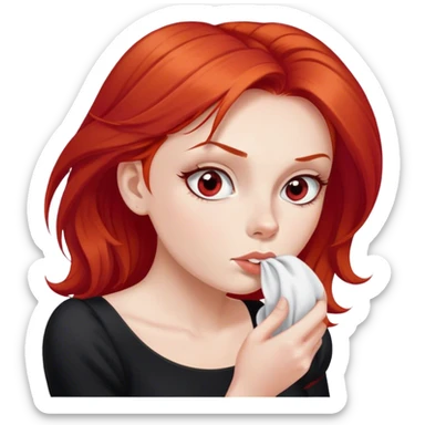 a woman with red hair and red eyes sniffing a white sock. The woman wear a black  dress sticker