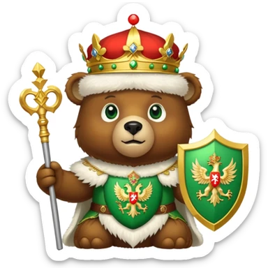 Endearing brown bear with bright green eyes, white fur hat with detailed Russian emblem: golden double-headed eagle with crowns, scepter, orb, and red shield with St. George slaying dragon, iOS emoji style sticker