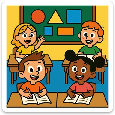 children sitting at desks with notebooks in front of them, geometric shapes lesson, cheerful, cartoon style sticker