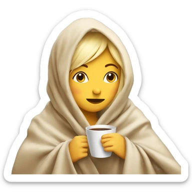Blonde girl wrapped in big blanket over head drinking coffee sticker