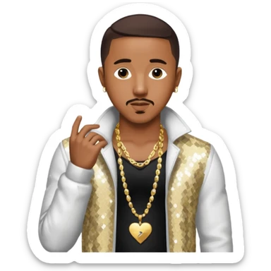 Marques Houston with dark brown hair, white sequin jacket, shirtless with necklace sticker