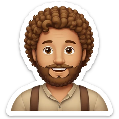 tan guy with mid-length curly hair, beard, chubby build, happy face sticker