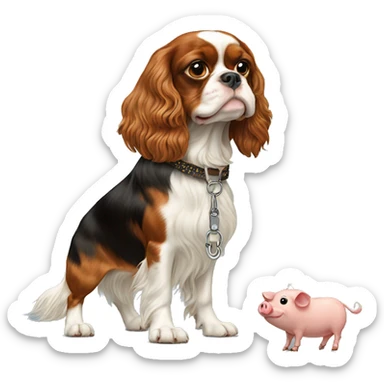 King Charles spaniel walking a pig on a leash sticker