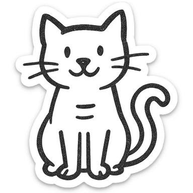 hand-drawn black outline icon of a playful cat named Murzik, sitting with its tail curled sticker
