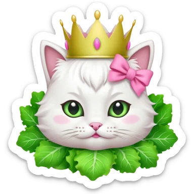 white cat with pink bow and green lettuce crown, emoji style sticker