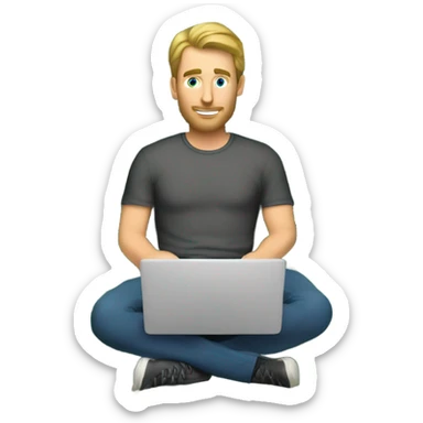 Caucasian Man sitting on a throne of money with a laptop sticker