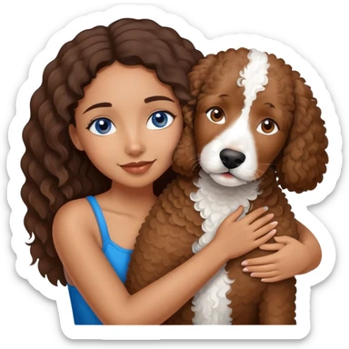 A brown girl with blue eyes hugging her Brown Spanish water dog  sticker