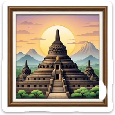 Cinematic Realistic Borobudur Landmark Emoji, showcasing the majestic ancient Buddhist temple rendered with intricate textures and serene, historic lighting. sticker