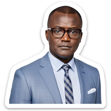 Larger 50-year-old man with extremely wide square face and prominent jawline. Full head of short straight dark hair with some gray, combed neatly to the side. Large dark square-framed glasses. Serious expression. Wearing a light gray blazer over a white button-up shirt with blue checkered pattern. sticker