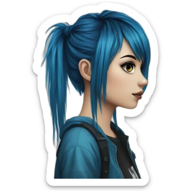 Side profile realistic emo girl, black makeup, long choppy blue hair side bangs sticker
