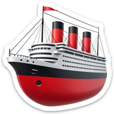 A 3D stylized Titanic ship in Apple emoji style, smooth and glossy surface, clean white and black colors with red accents, large expressive windows but no face, sailing on calm ocean with soft lighting, Pixar-quality render, minimal and elegant design, isolated on studio background.

 sticker