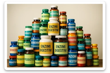 montagna di barattoli di integratori tipo "ENZIMI DIGESTIVI", "PREBIOTICI", "PROBIOTICI", "BERBERINA" con etichette in italiano sticker