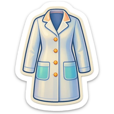 female medical coat with pockets full length, no girl, front view, retro stickers style, soft rounded shapes, clean contours, pastel palette, detailed shadows and highlights, modern illustration, transparent background sticker