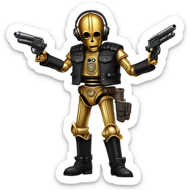 battle rough and tough bounty hunter c3Po wearing Satan’s leather biker outfit with guns and wide-brim hat on head. walking sticker