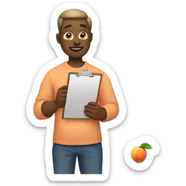 guy eating a peach and holding a clipboard sticker